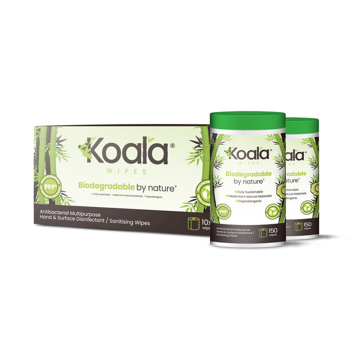 Koala® Antibacterial Multipurpose Hand & Surface Disinfectant / Sanitising Wet Wipes 150 Sheets per tub, 100% Biodegradable & Compostable x 10 Tubs - Grange Europe Ltd - Online Store