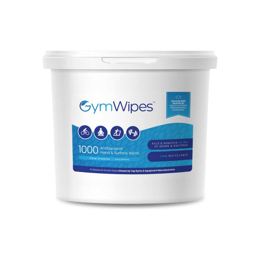 Gym Wipes™ 1000ct Refillable Bucket with Antibacterial Wipes, durable and eco-friendly, eliminates 99.9% of germs for gyms and fitness centers.