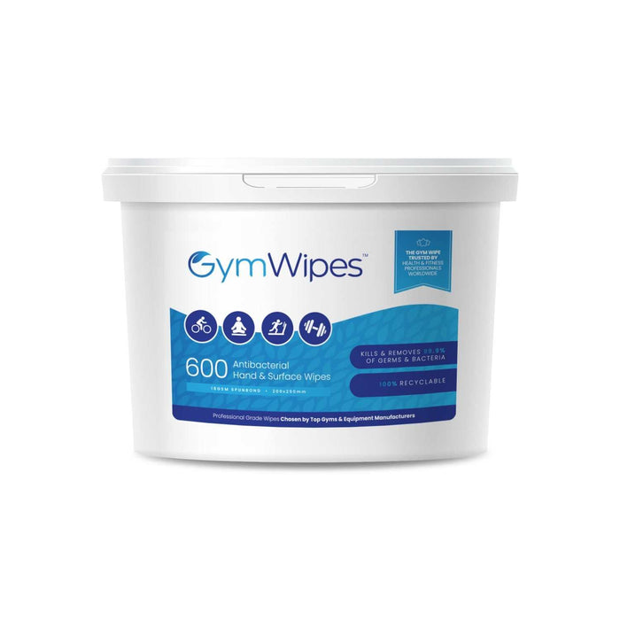 Gym Wipes 600ct refillable bucket with antibacterial wipes for gyms and fitness centers.