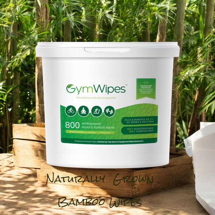 Gym Wipes™ 800ct biodegradable antibacterial hand and surface wipes with refillable dispenser, eco-friendly and made from sustainable bamboo.