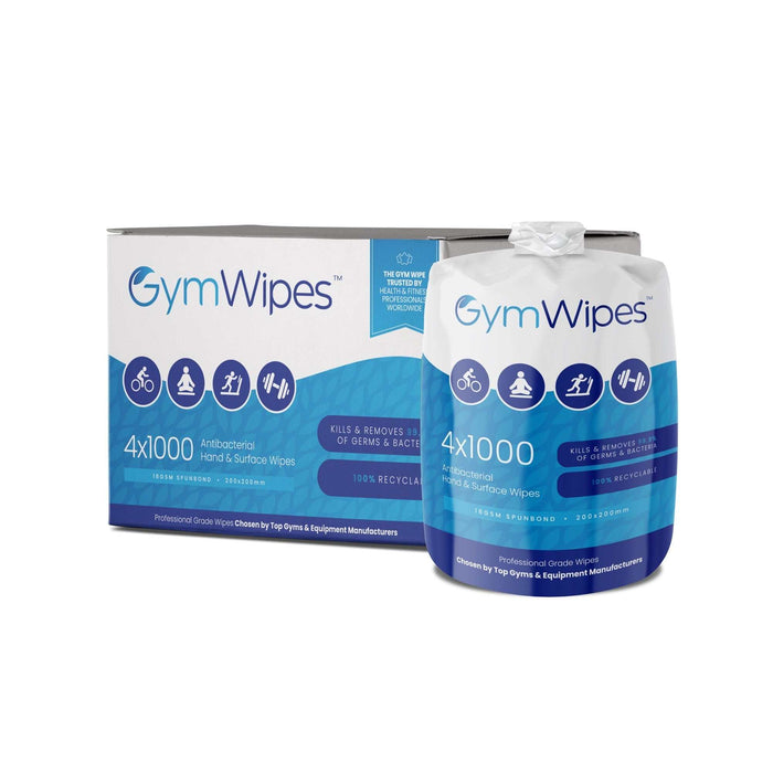 Gym Wipes™ 1000ct refillable bucket with antibacterial wipes for gyms and fitness studios.