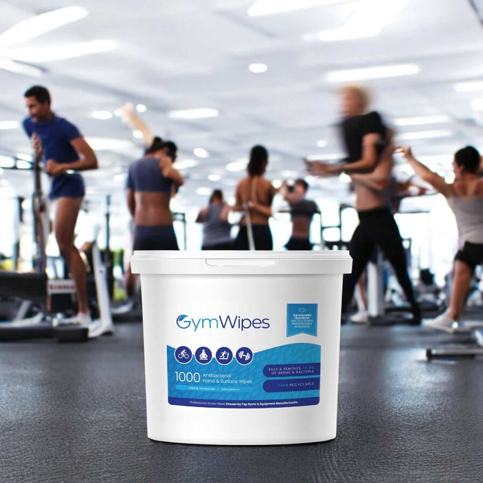 Gym Wipes™ 1000ct refillable antibacterial wipes bucket in gym setting