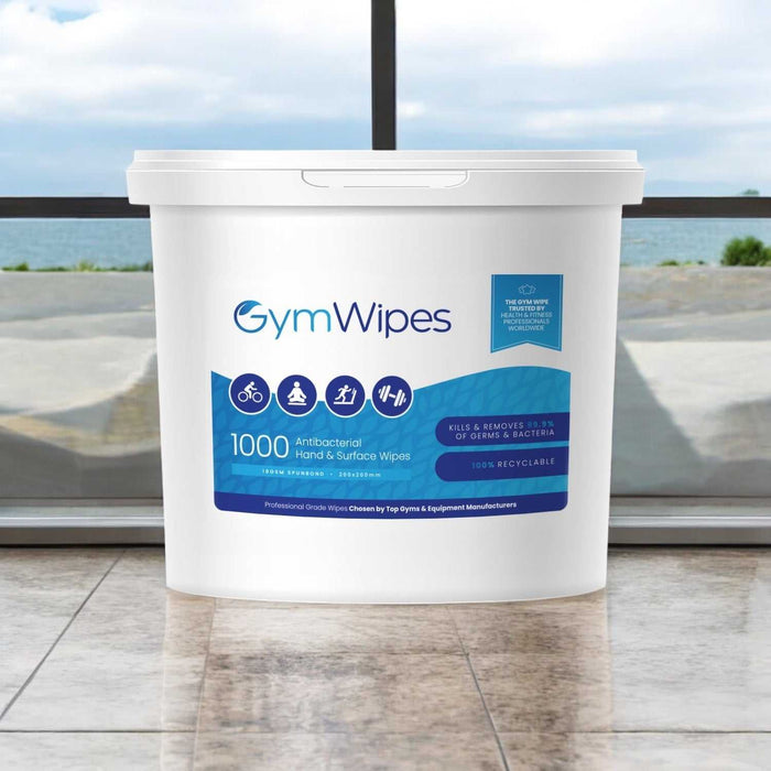 Gym Wipes 1000ct antibacterial refillable bucket for gyms and fitness centers.