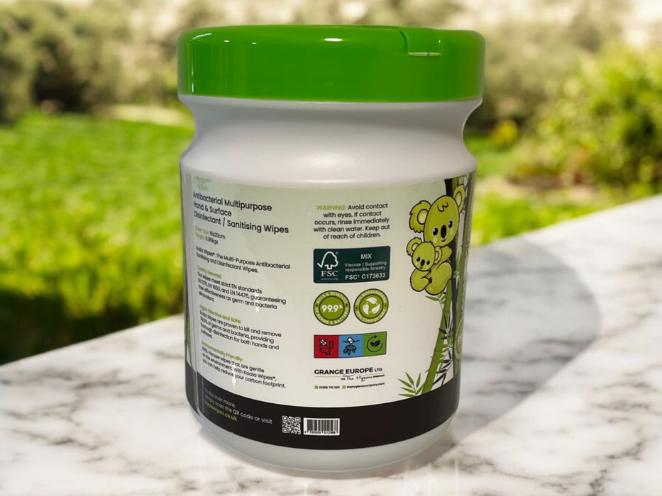 6-pack Koala Biodegradable Antibacterial Wipes tub on a marble surface, eco-friendly packaging.