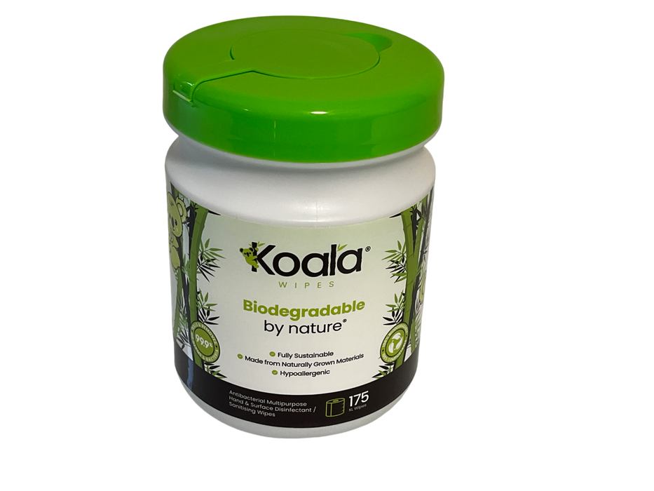 Koala 175ct biodegradable antibacterial wipes with green lid.