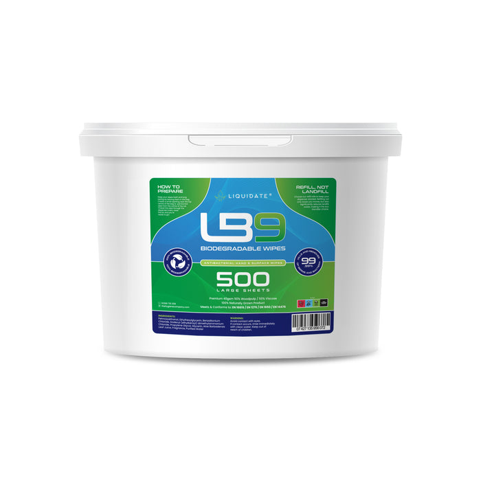 Liquidate® LB9 500: Biodegradable, Compostable Antibacterial Wipes for Hands & Surfaces - Grange Europe Ltd - Online Store