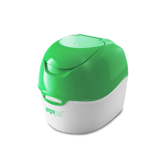 WIPEPOD® v2 wipes dispenser in green and white with a sleek design.