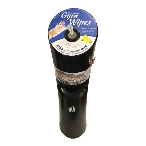 The image shows a tall, cylindrical wet wipe dispenser with a black base and a white top. The dispenser has a large round opening for dispensing wipes and a smaller rectangular bin at the bottom for disposing of used wipes. The dispenser is branded with the Gym Wipes logo.