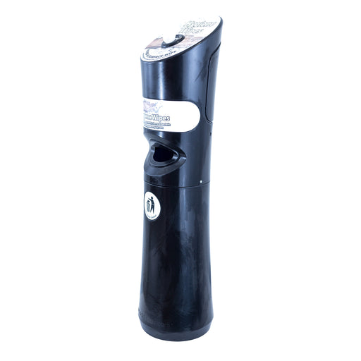 The image shows a tall, cylindrical wet wipe dispenser with a black base and a white top. The dispenser has a large round opening for dispensing wipes and a smaller rectangular bin at the bottom for disposing of used wipes. The dispenser is branded with the Gym Wipes logo.